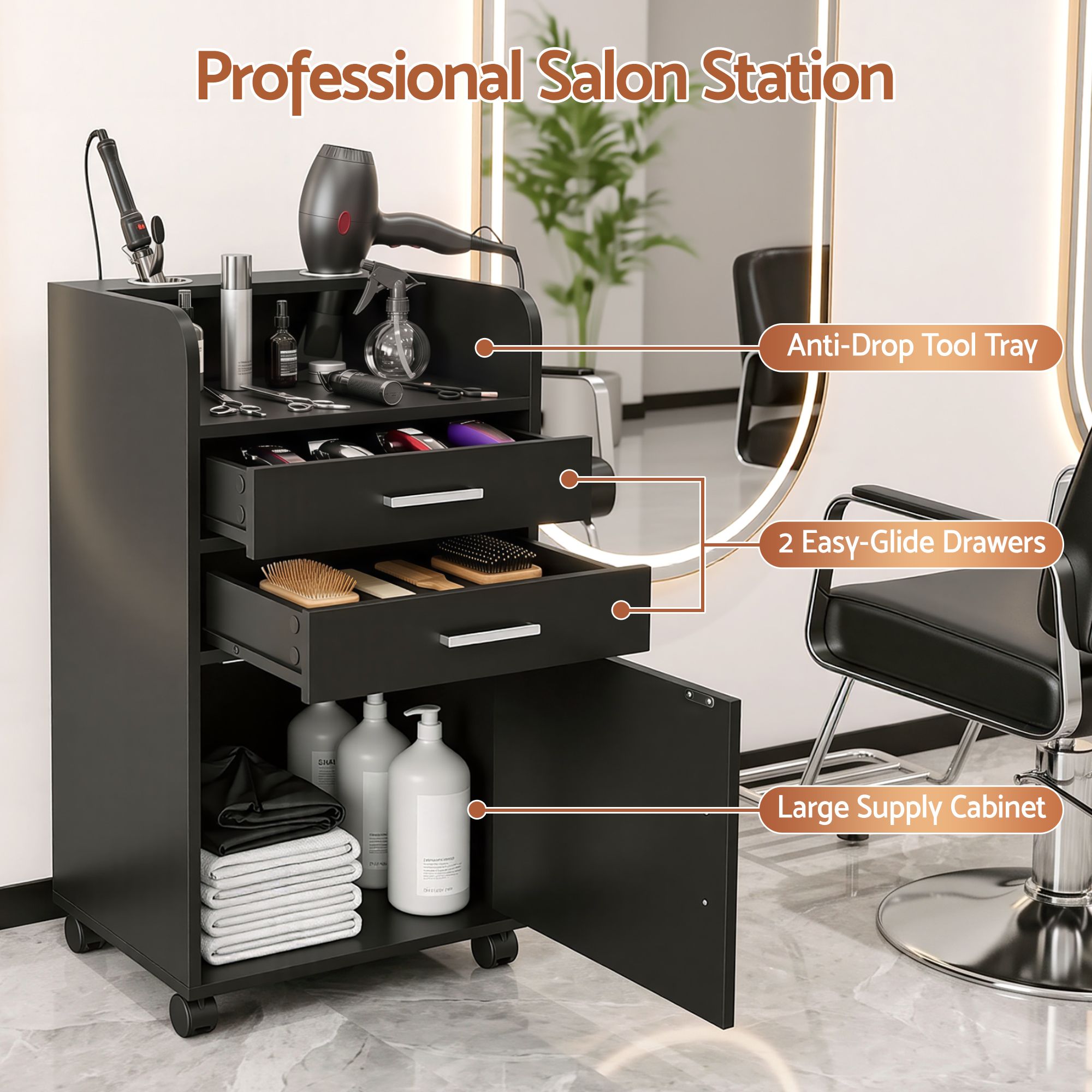 Artiss Professional Salon Station Rolling Cart, Hair Styling Beauty Cabinet with 2 Drawers & 2 Appliance Holders, Wood Barber Spa Trolley with 360° Wheels for Skincare & Vanity, Black