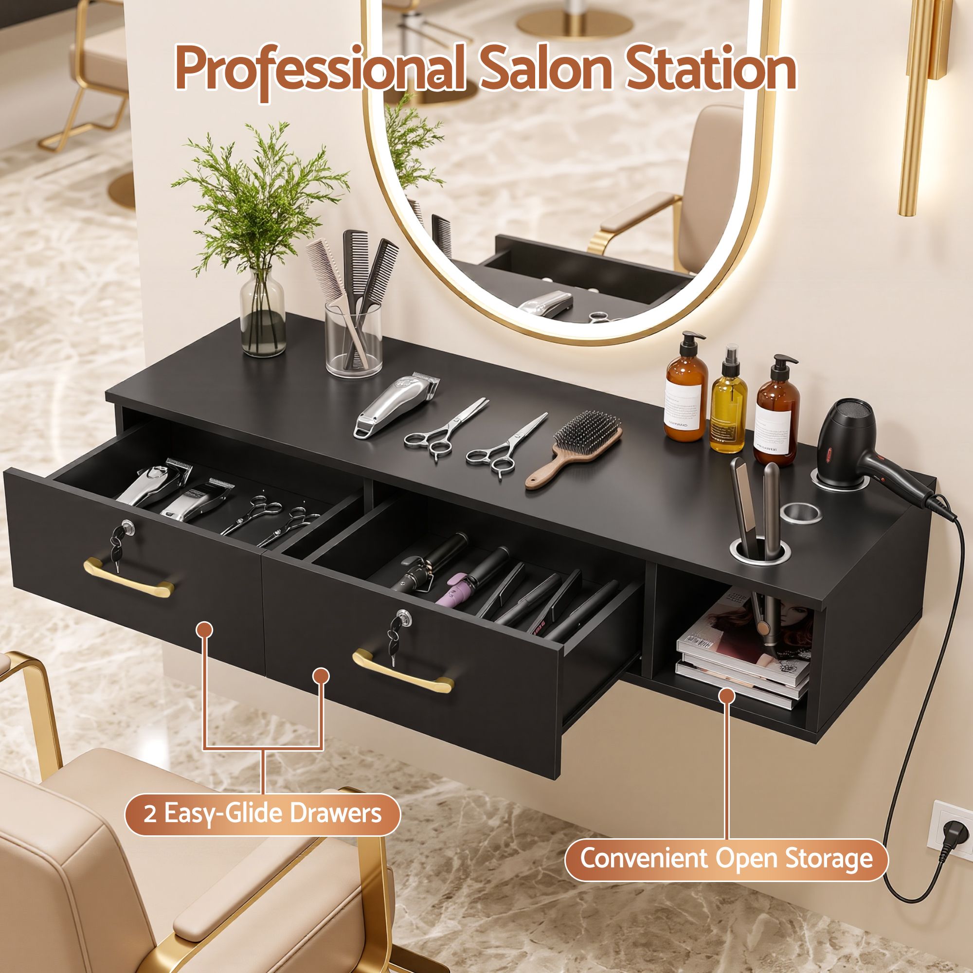 Artiss Wall Mounted Salon Station Cabinet, Hair Styling Station with 2 Lockable Drawers & 3 Appliance Holders, Wooden Barber Spa Equipment for Vanity, Black