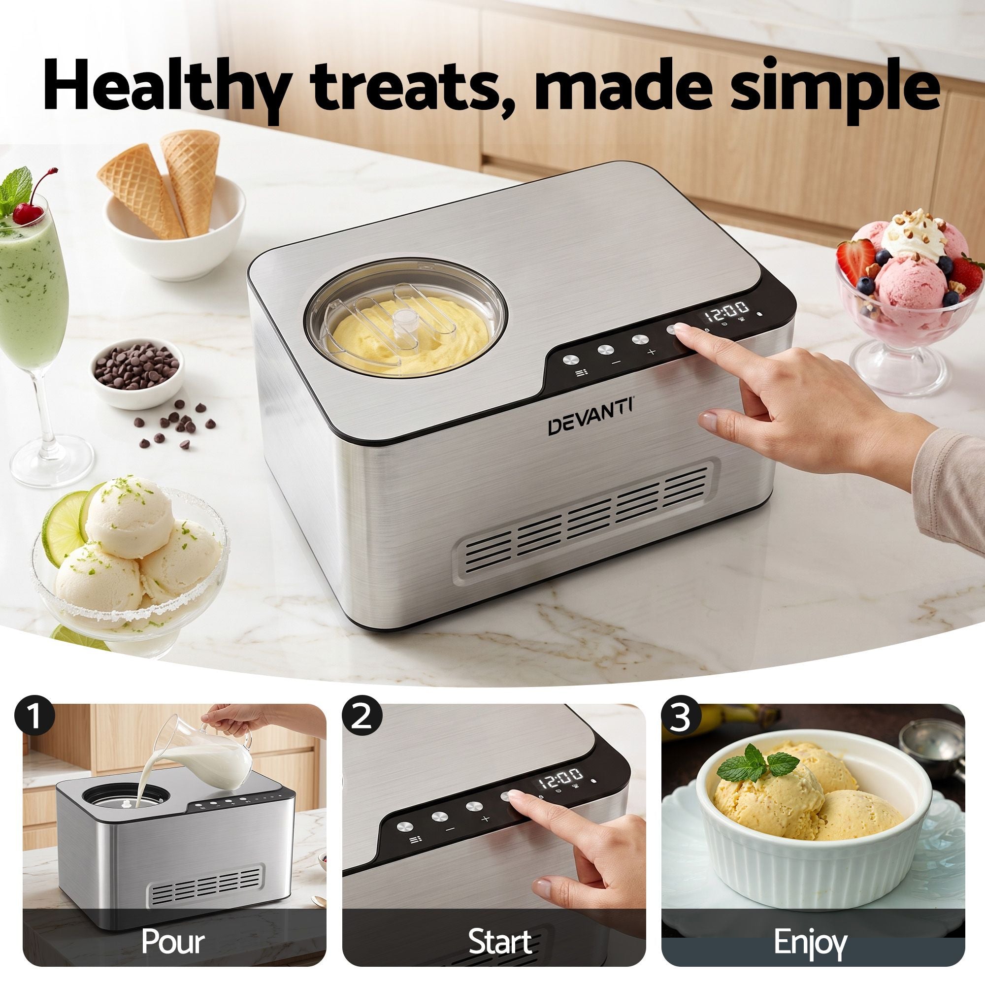 Devanti 2L 2-in-1 Ice Cream & Yogurt Maker Machine No Pre-Freezing Homemade Gelato Sorbet