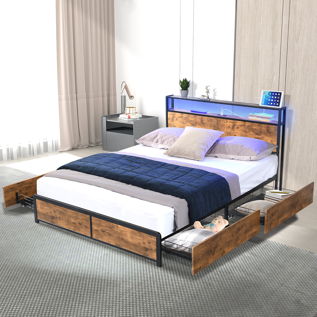 Levede Double Bed Frame RGB LED 4 Drawers USB-1942353613665996806