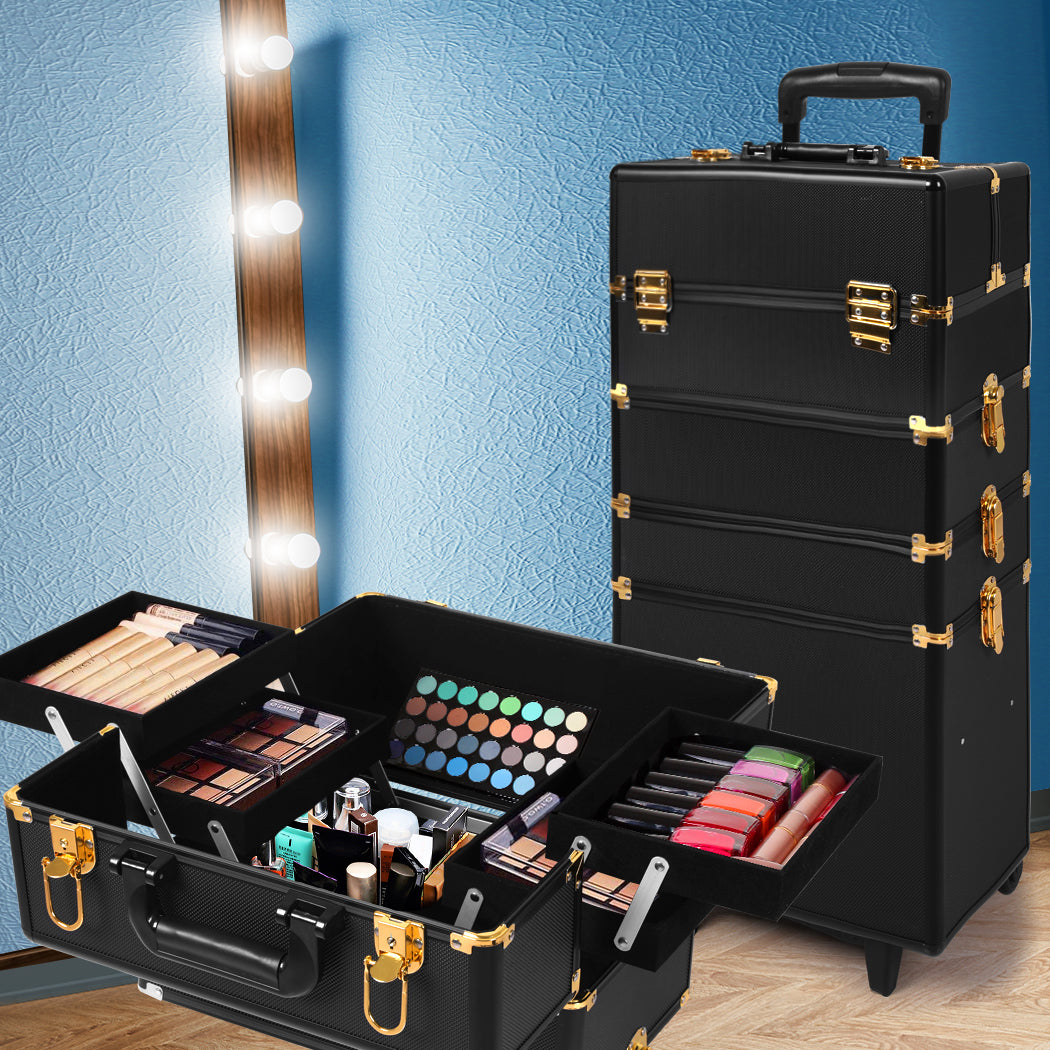 Portable Makeup Case Cosmetic Trolley Black and Golden-1942353090485293062