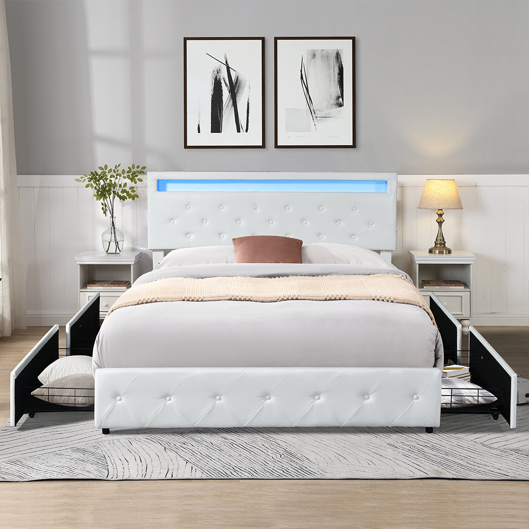 Levede Double Bed Frame RGB LED PU 4 Drawer USB-1937319784479854598