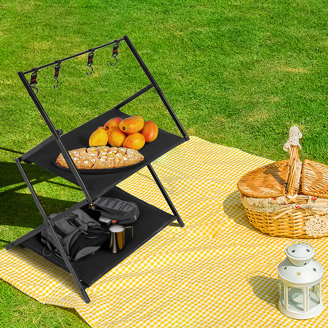 Levede Foldable Camping Storage Shelves 2 Layer with Hooks Black-1942352898784628743