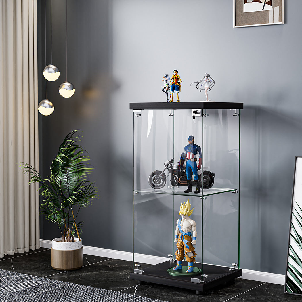Stacked Display Cabinet Collection Storage Tempered Glass 2 Tier With Lock Black-1937319791488536582