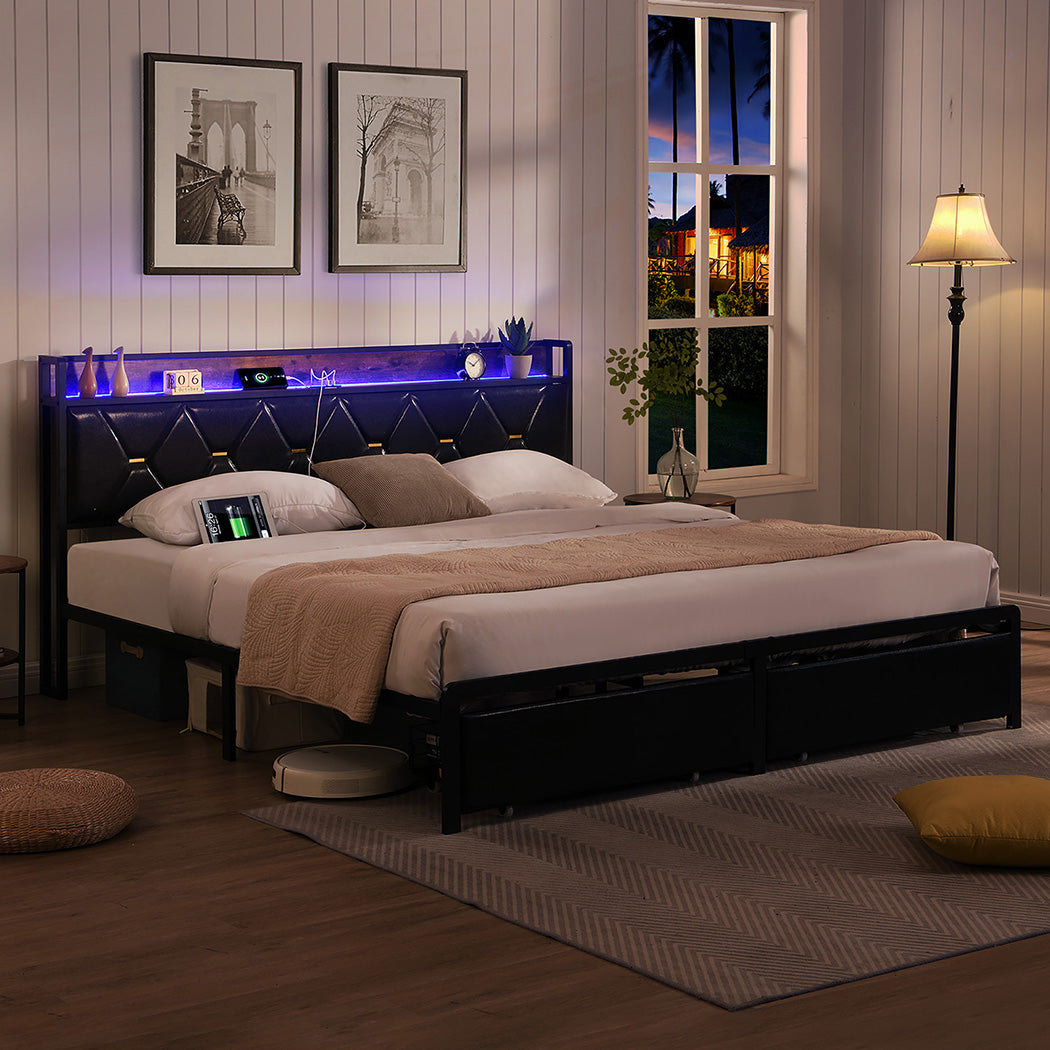 Levede Queen Metal Bed Frame LED Lights 2 Drawers-1910112269061197830
