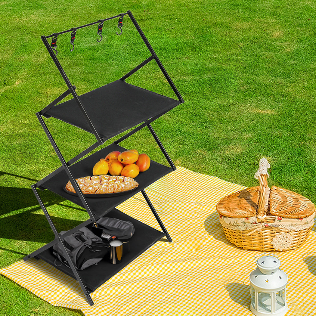 Levede Foldable Camping Storage Shelves 3 Layer with Hooks Black-1942352898612662279
