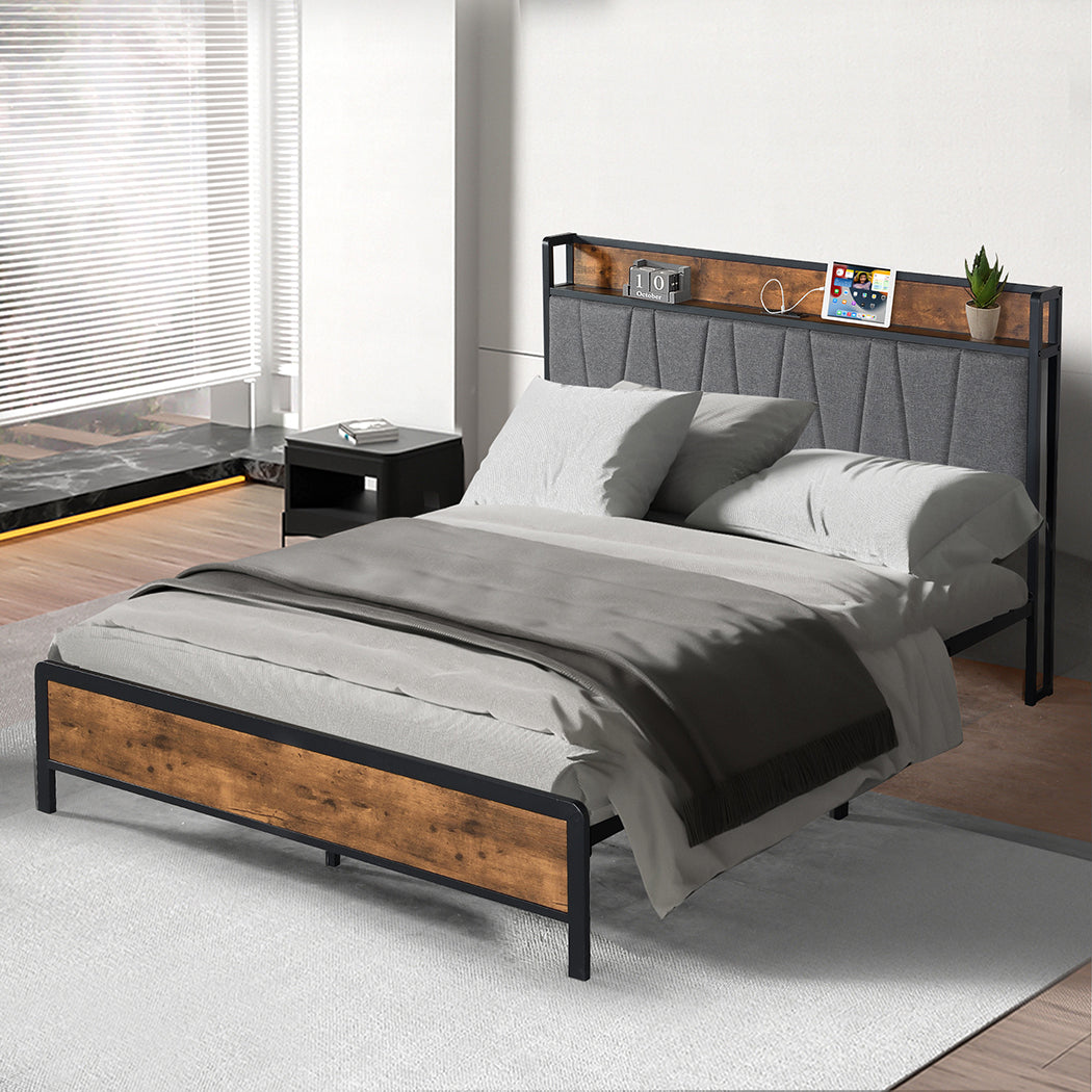 Levede Double Bed Frame Tufted Headboard USB Charge-1919892812007084038
