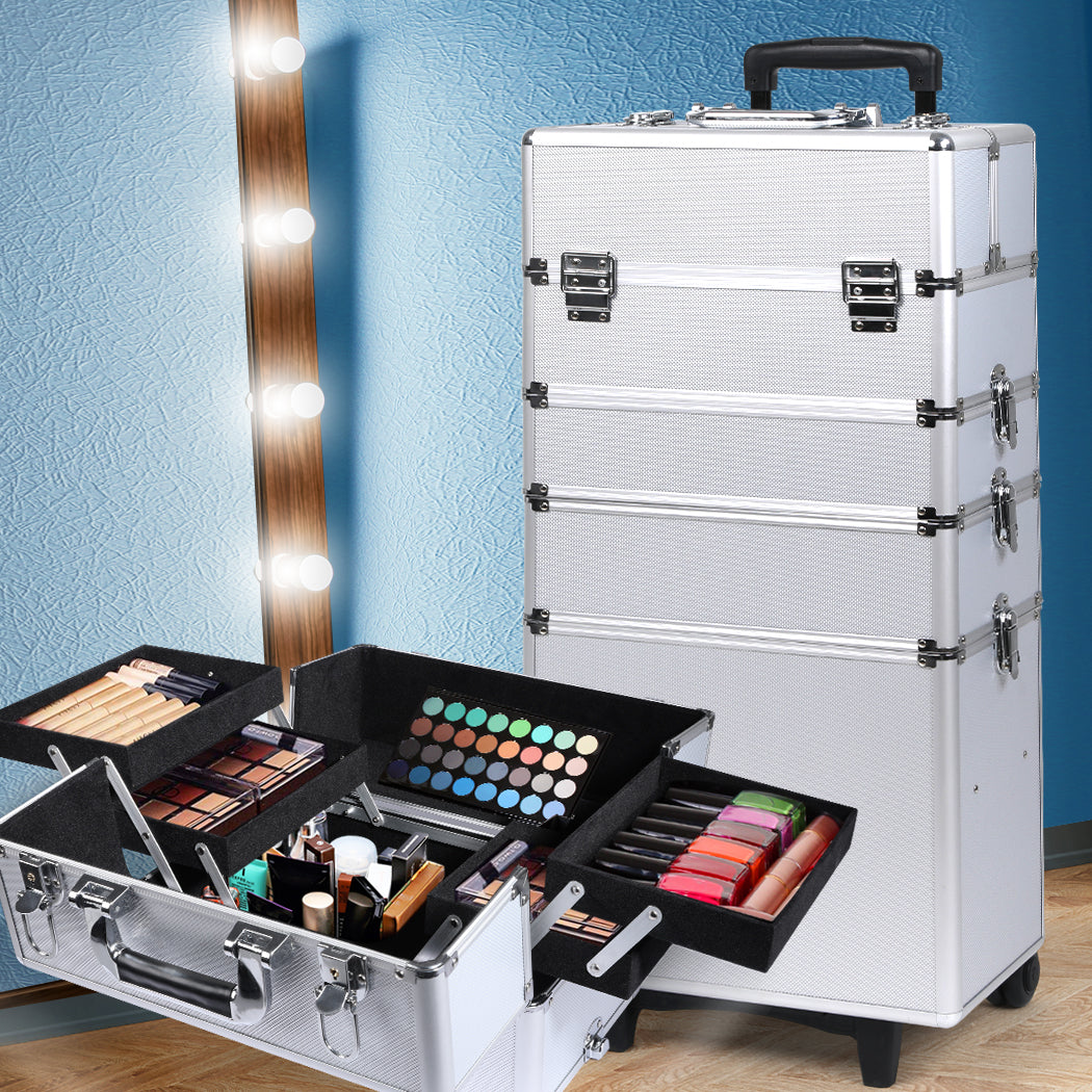 7 in 1 Rolling Makeup Case Professional Silver-1942353091009581062