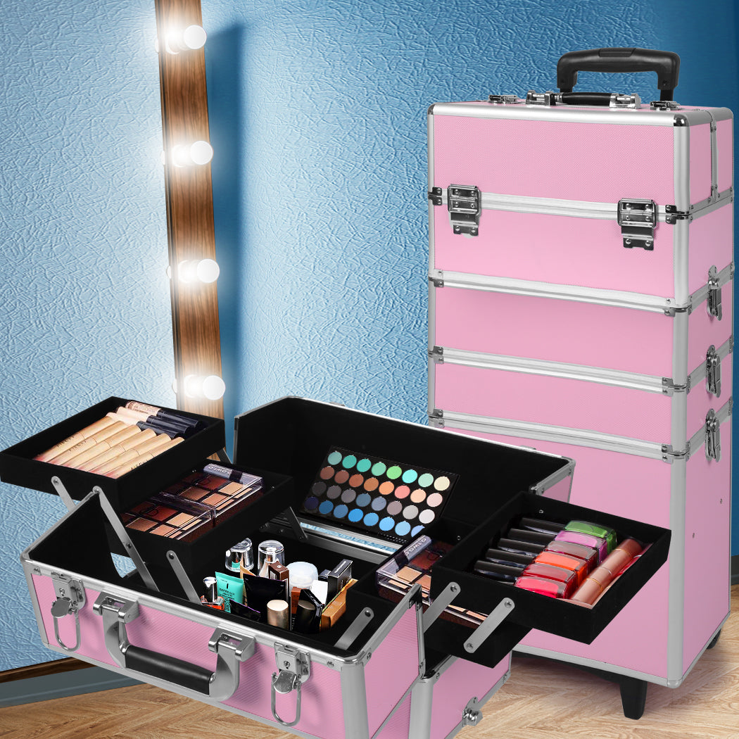 Professional Makeup Trolley Rolling Pink and Silver-1942353090837614598