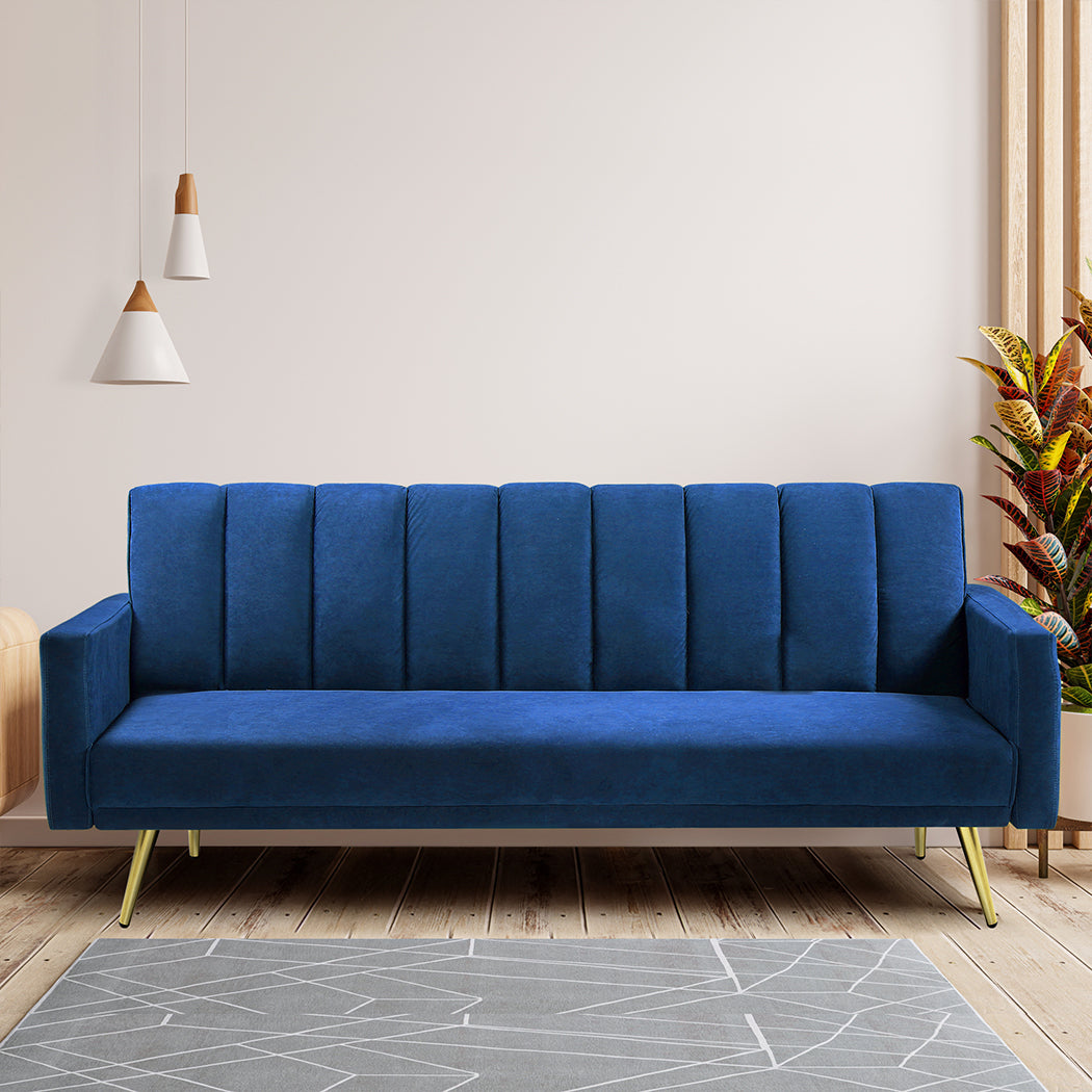 Levede Sofa Bed Convertible Velvet Lounge Recliner Couch Sleeper 3 Seater Blue-1937319827807014918