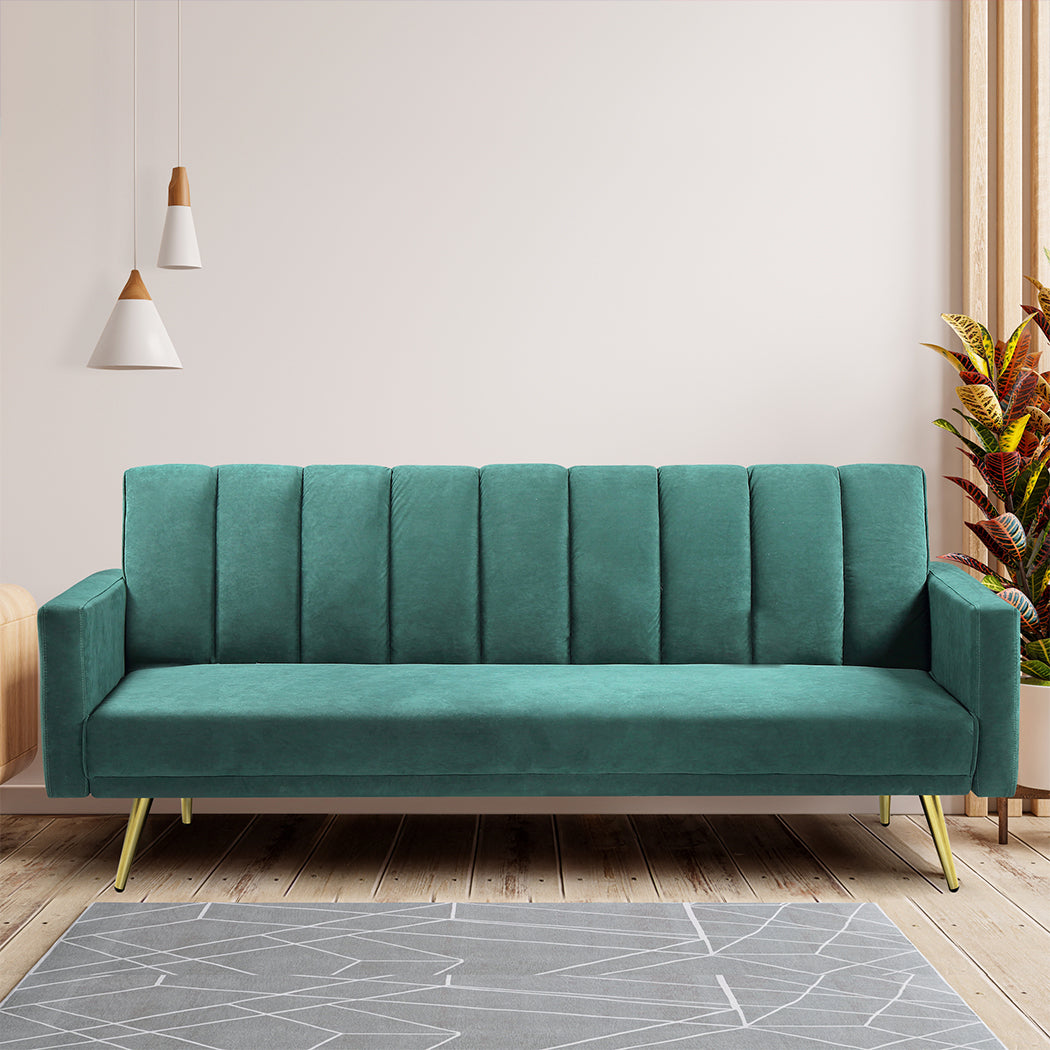 Levede Sofa Bed Convertible Velvet Lounge Recliner Couch Sleeper 3 Seater Green-1910112341077397509