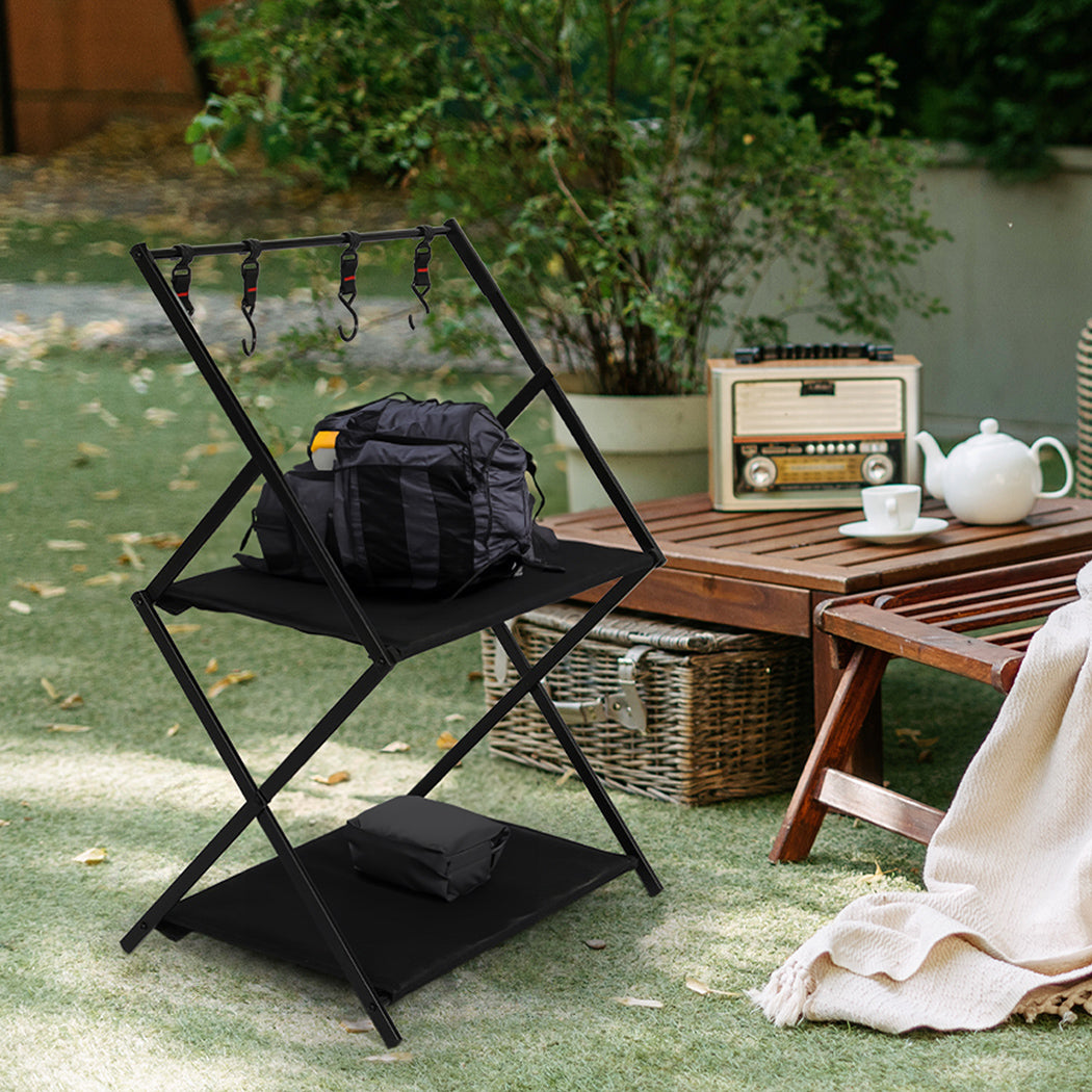 Levede Foldable Camping Storage Shelves 2 Layer with Hooks Black-1942352898784628742