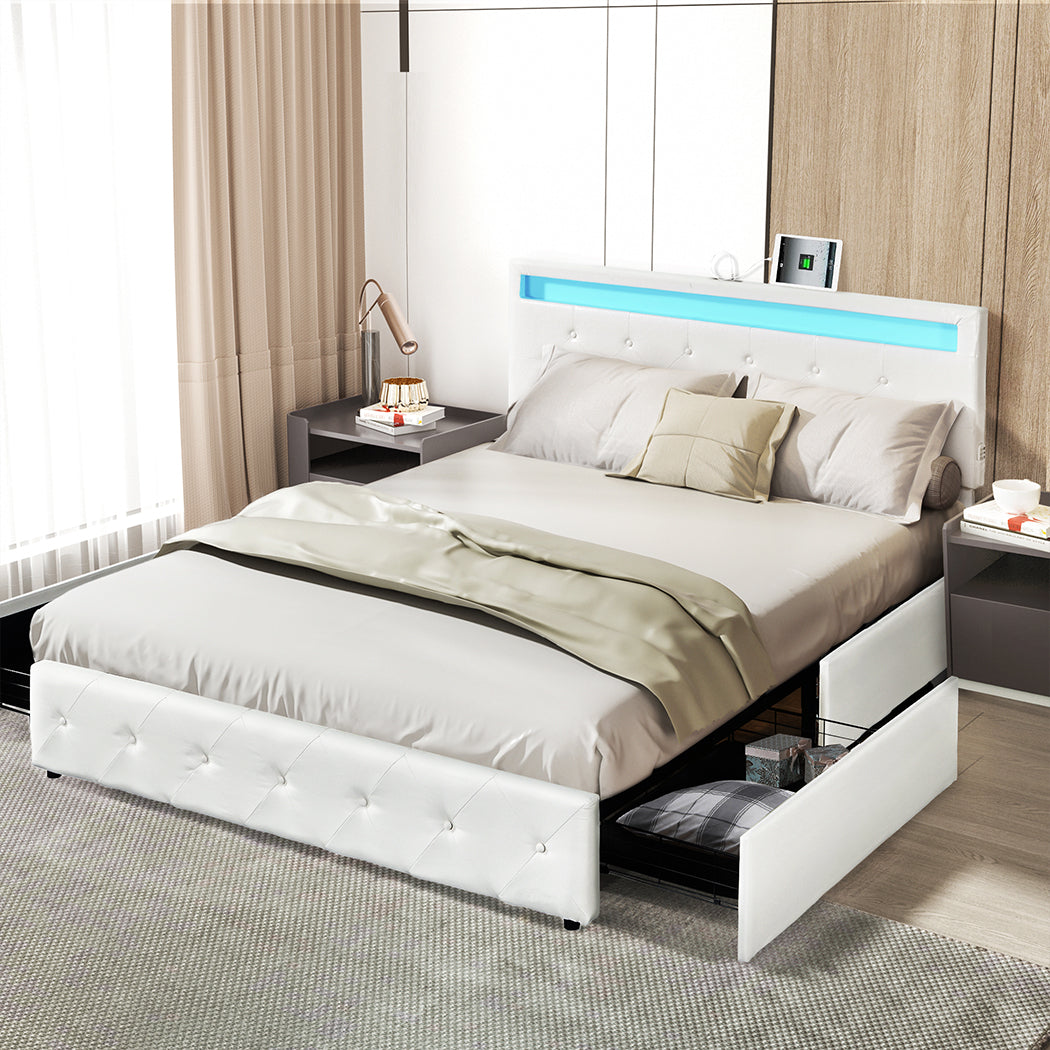 Levede Double Bed Frame RGB LED PU 4 Drawer USB-1937319784479854599