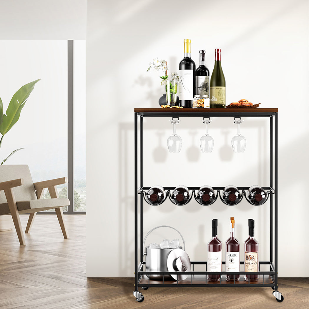 Levede Wooden Bar Cart Drinks Trolley 3 Tire-1942353800899727367