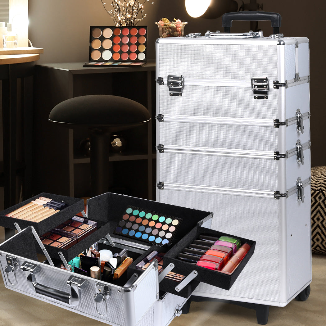 7 in 1 Rolling Makeup Case Professional Silver-1942353091009581063