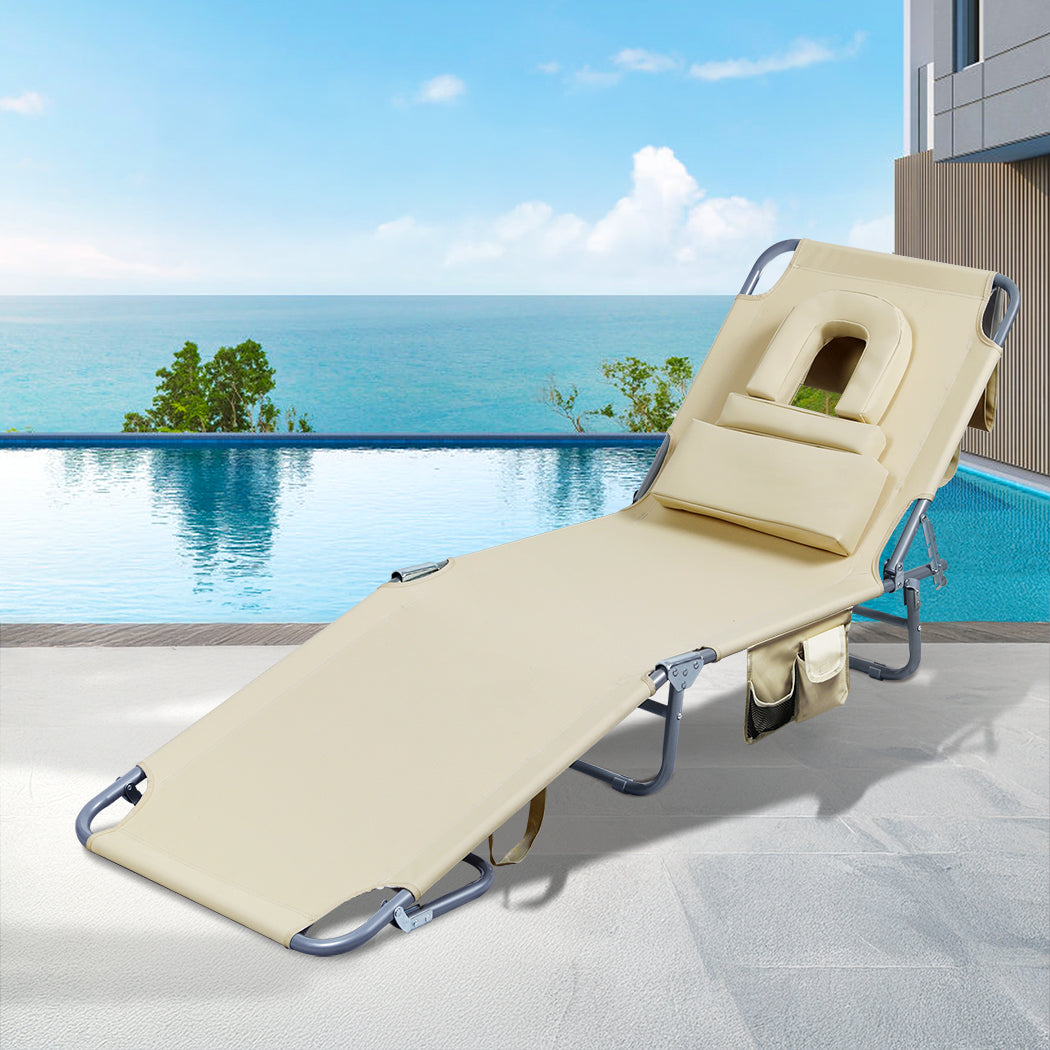 Levede Foldable Beach Lounge Chairs with Face Hole Khaki-1910112249029201927