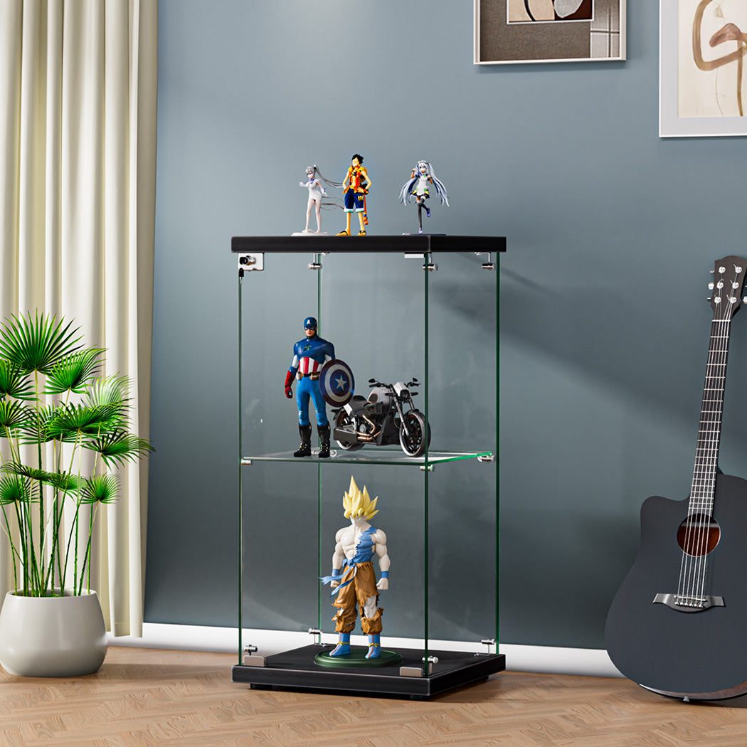 Stacked Display Cabinet Collection Storage Tempered Glass 2 Tier With Lock Black-1937319791488536583