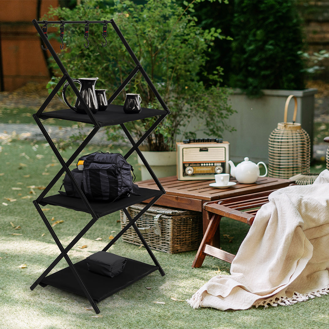 Levede Foldable Camping Storage Shelves 3 Layer with Hooks Black-1942352898612662278