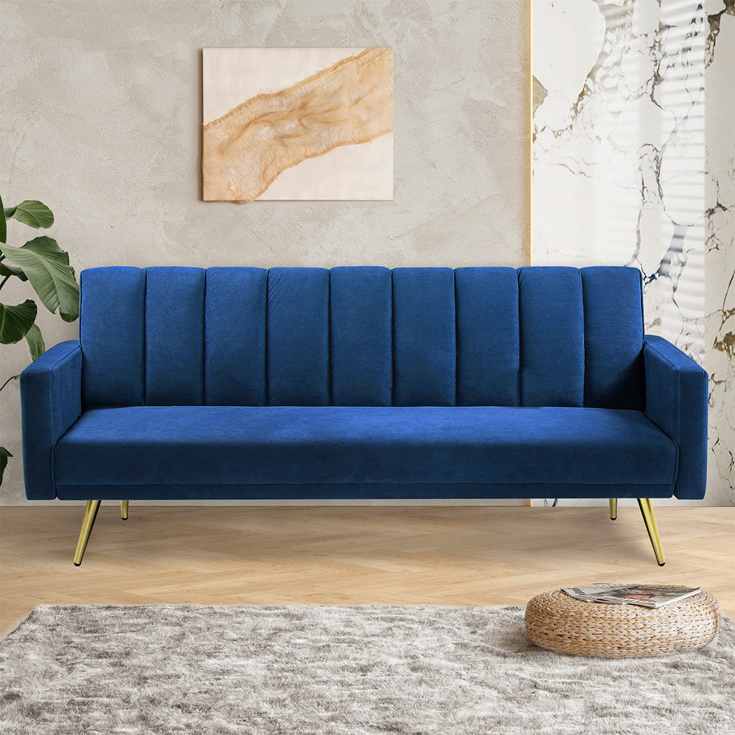 Levede Sofa Bed Convertible Velvet Lounge Recliner Couch Sleeper 3 Seater Blue-1937319827807014919