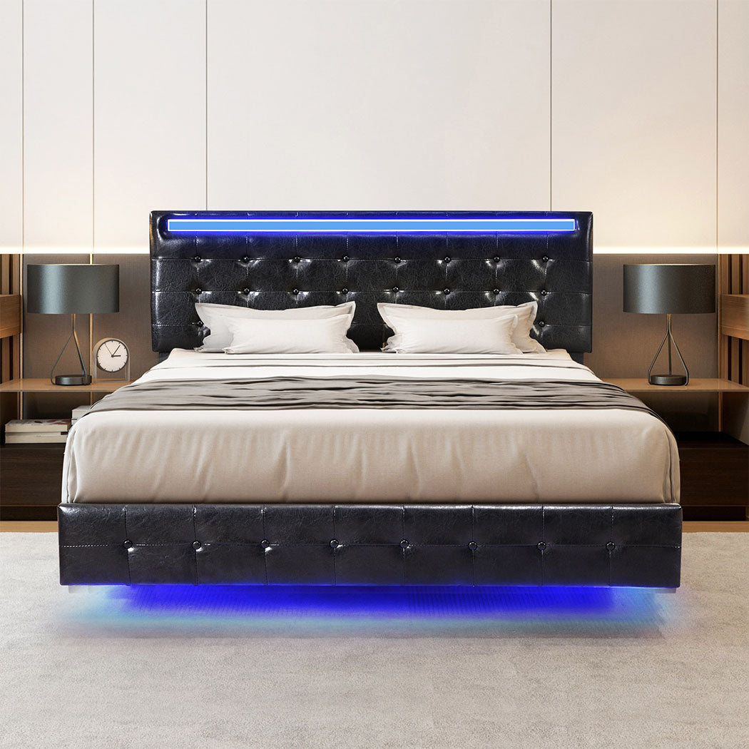 Levede  Floating Bed Frame Double with Headboard LED Lights Mattress Base-1937319784794427399
