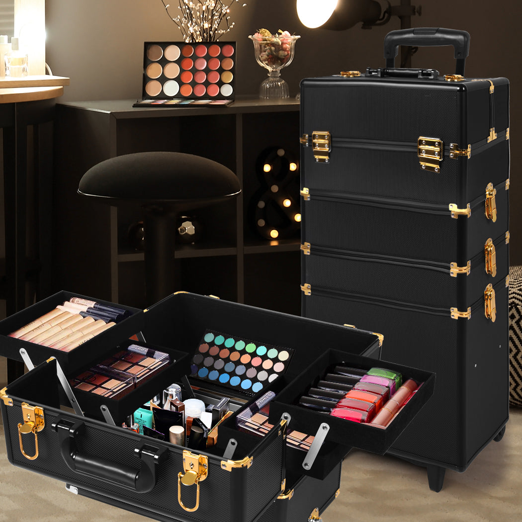 Portable Makeup Case Cosmetic Trolley Black and Golden-1942353090485293063