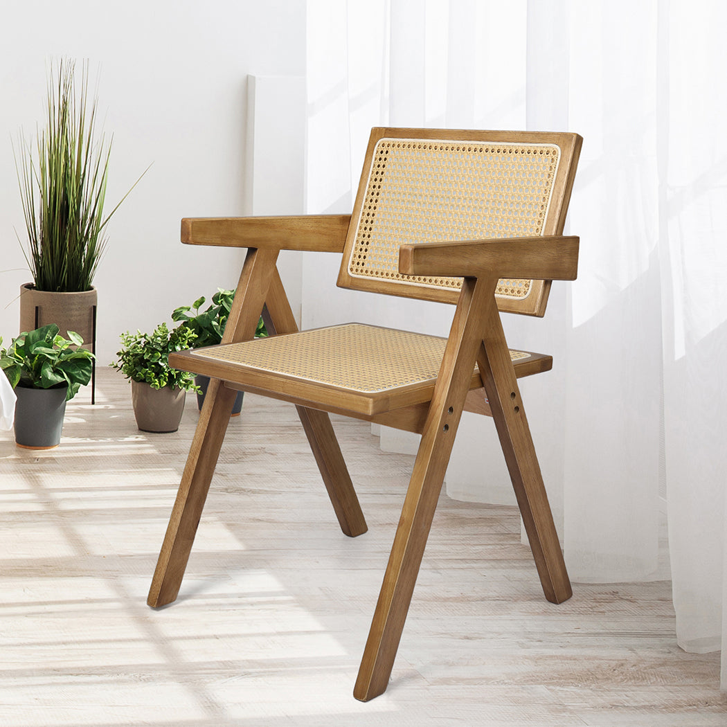 Levede 2x Dining Chair Solid Wood Rattan Natural-1910113297655533575