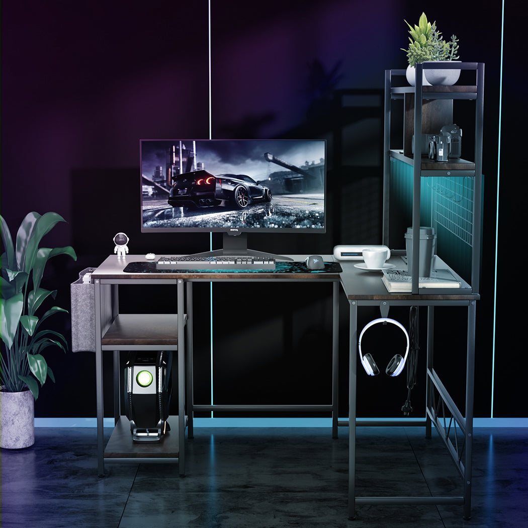 Levede L Shaped Gaming Desk with LED Lights Brown-1937319785700397062