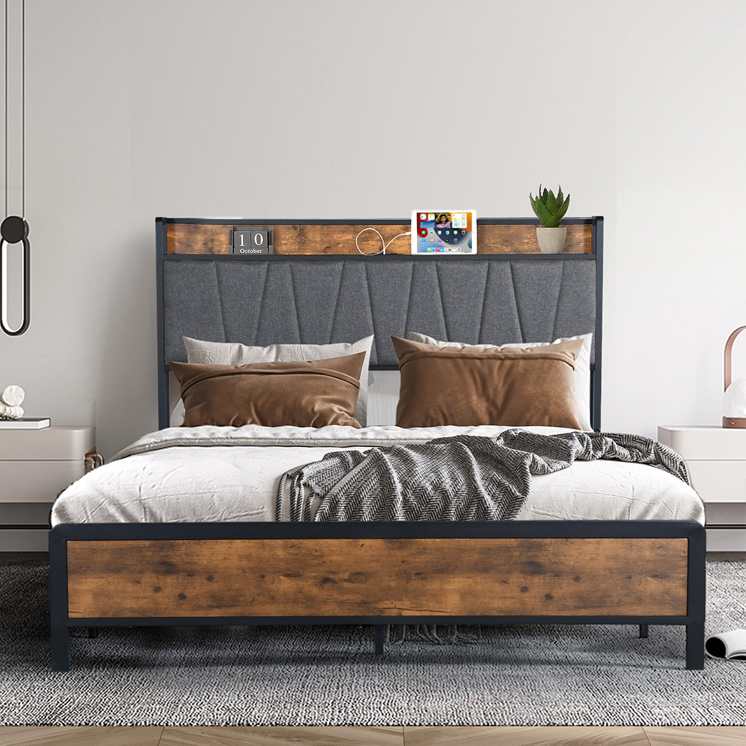 Levede Double Bed Frame Tufted Headboard USB Charge-1919892812007084039