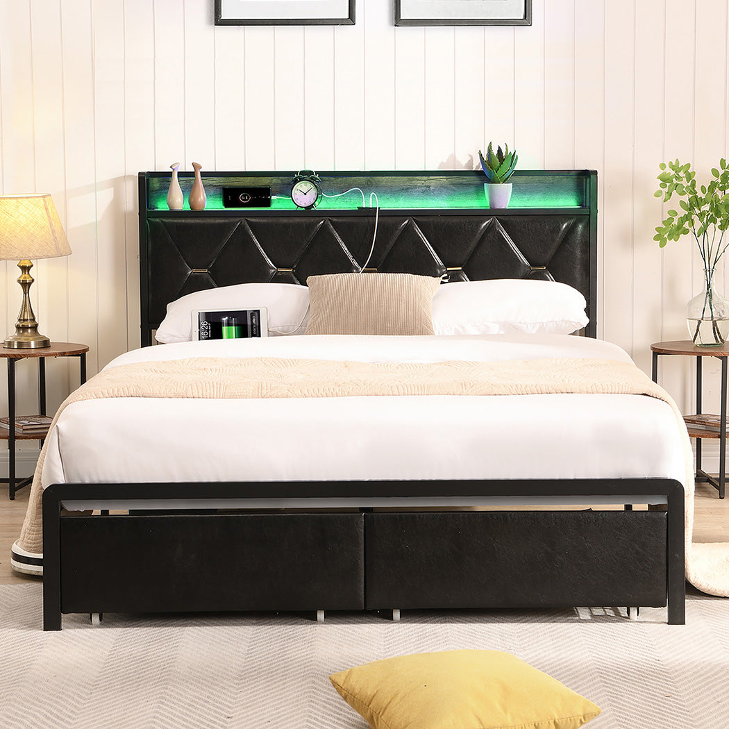 Levede Double Metal Bed Frame LED Lights 2 Drawers-1910112268906008583