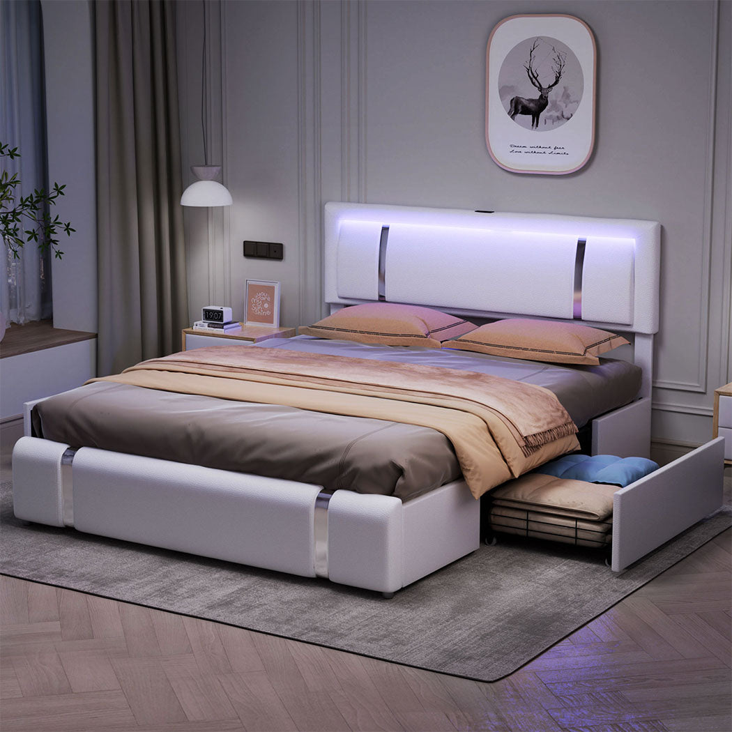 Levede Double Bed Frame With Adjustable Headboard White-1910112269224775687