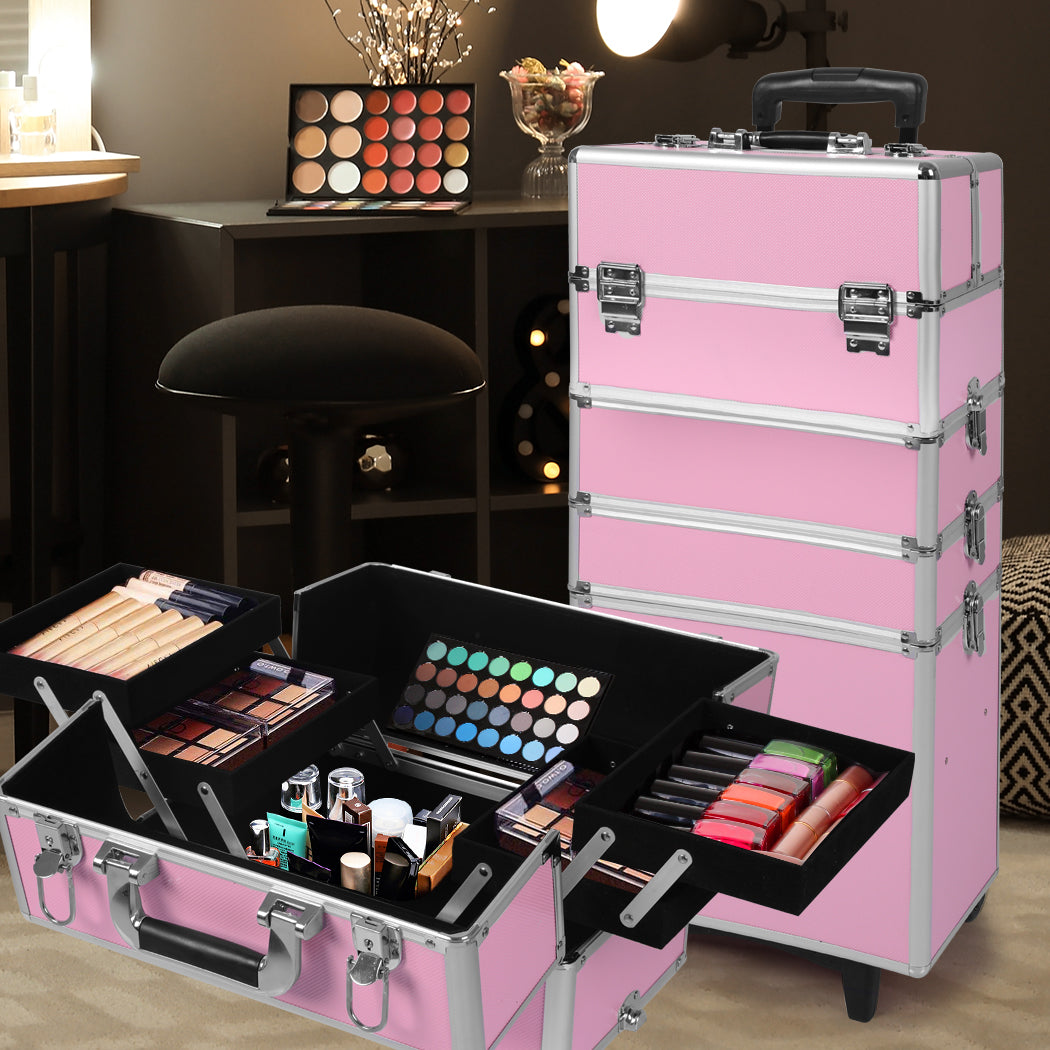 Professional Makeup Trolley Rolling Pink and Silver-1942353090837614599