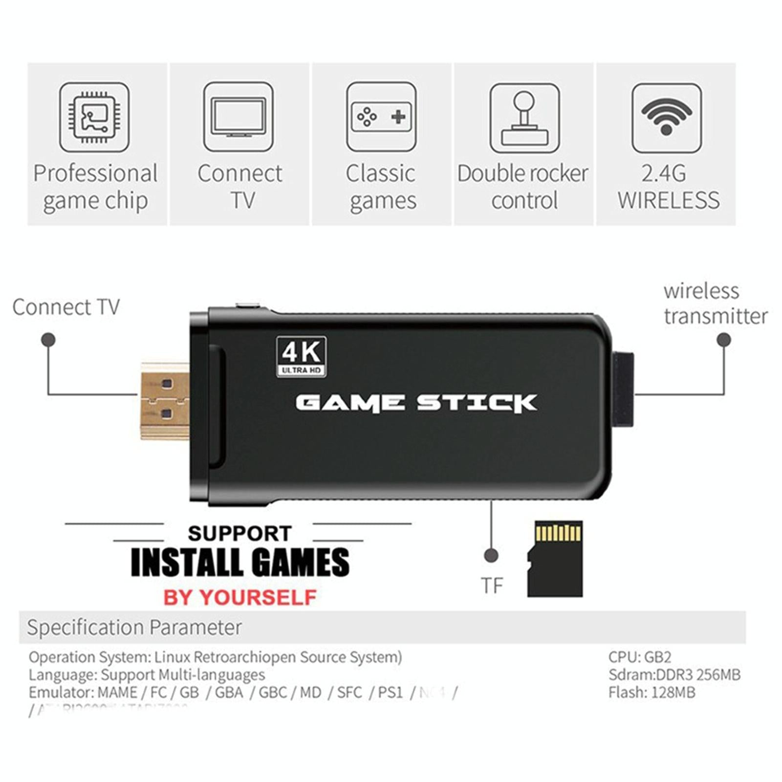64Gb 4K Retro Game Stick + 2 Wireless Gamepads & 10 000+ Pre-Installed Games-1915198063752908807