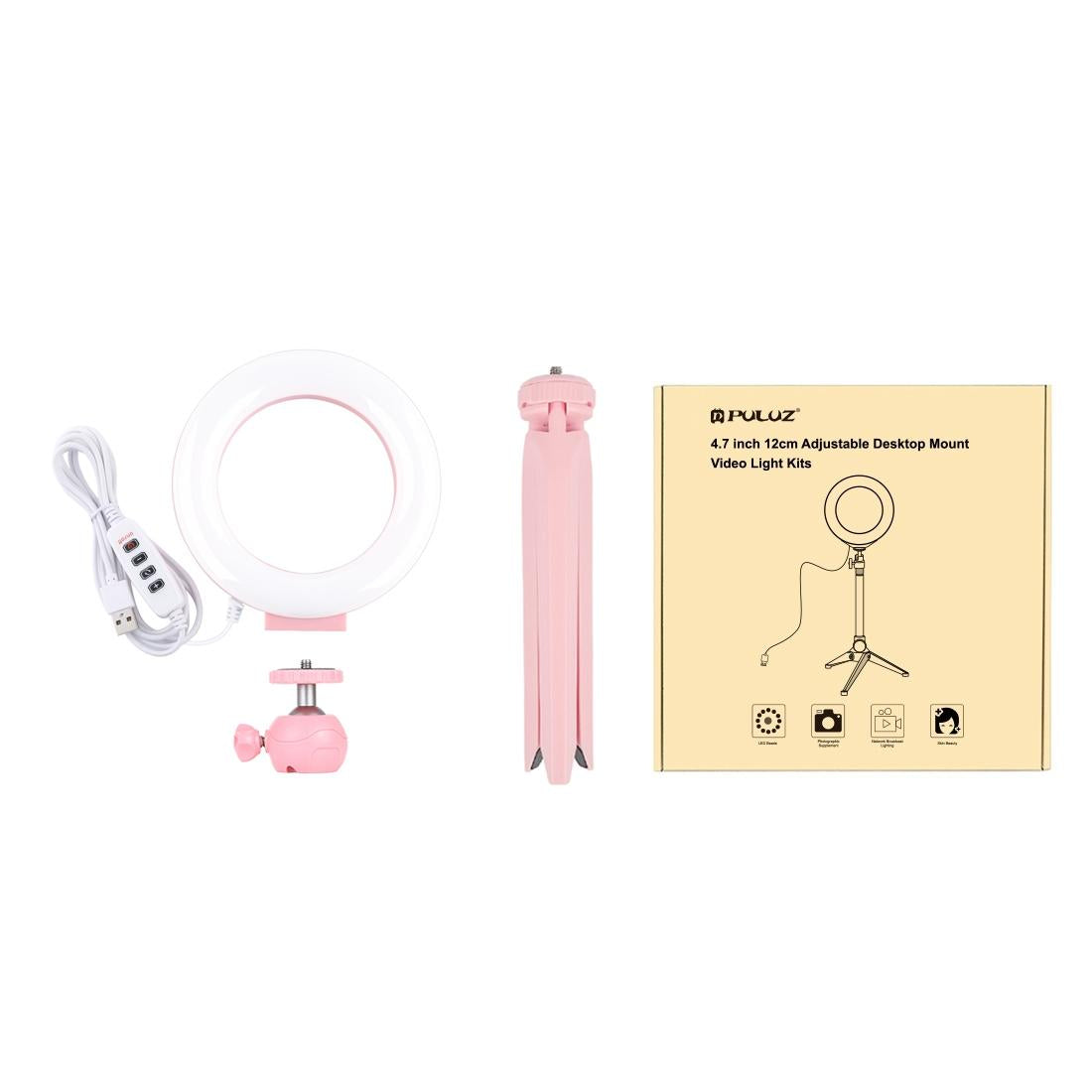 12Cm Led Ring Light With Usb 3 Modes Dimmable Cold Shoe Tripod Ball Head - Pink-1915196537399545858