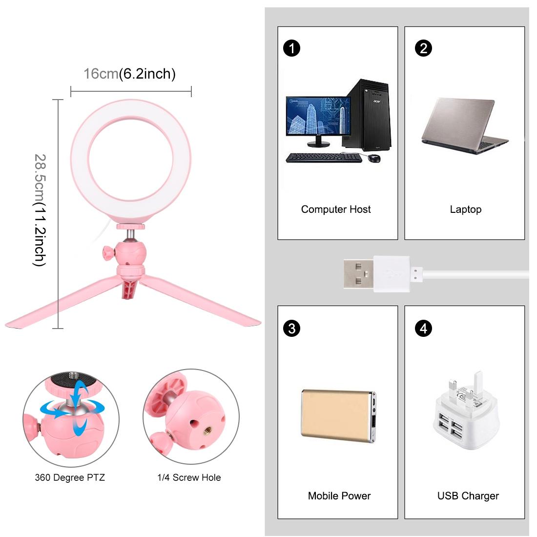 6.2 Led Ring Light With Usb 3 Modes Dimmable Cold Shoe Tripod Mount - Pink-1915196538020302851