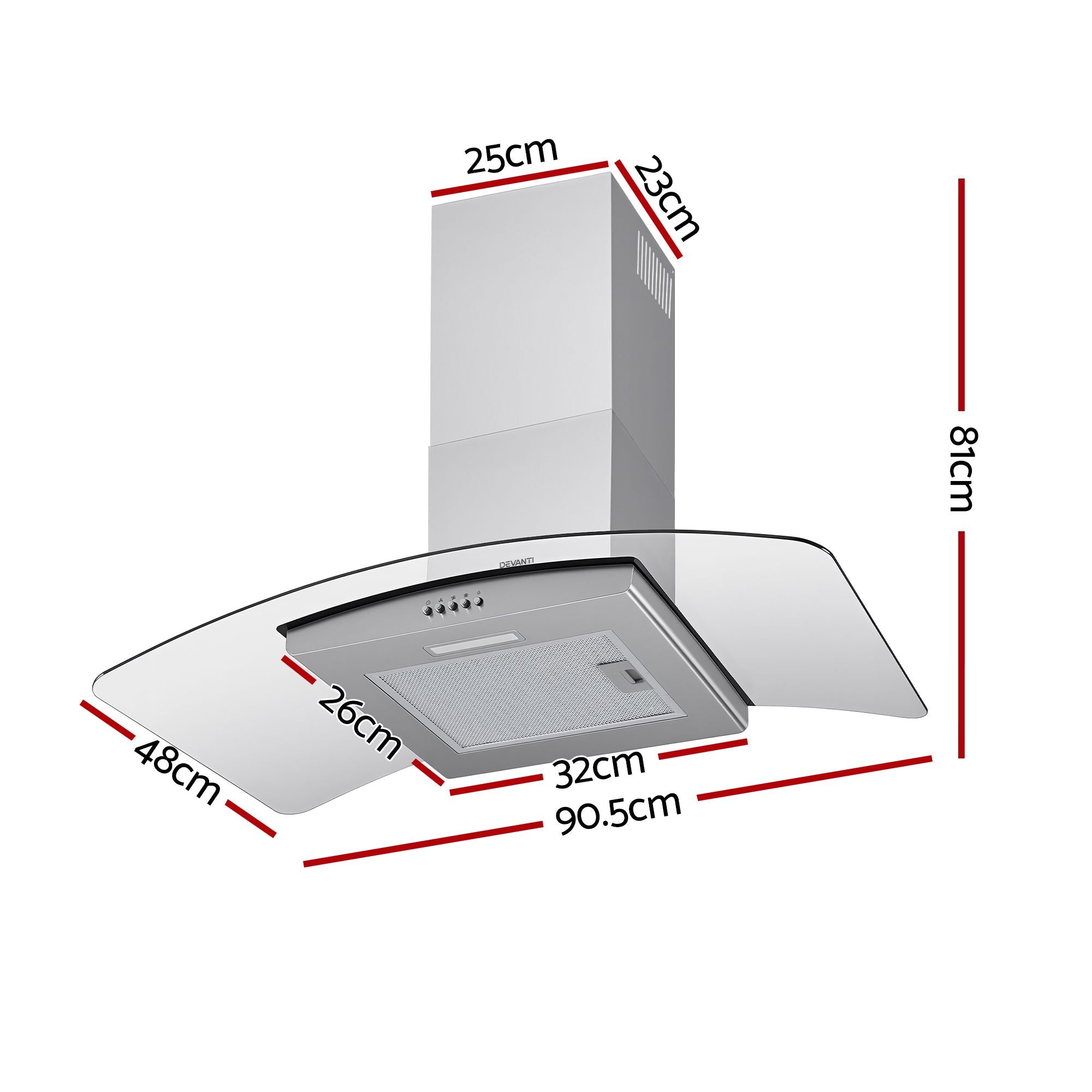 Devanti 90cm Range Hood Curved Glass Canopy Rangehood Kitchen Exhaust Fan