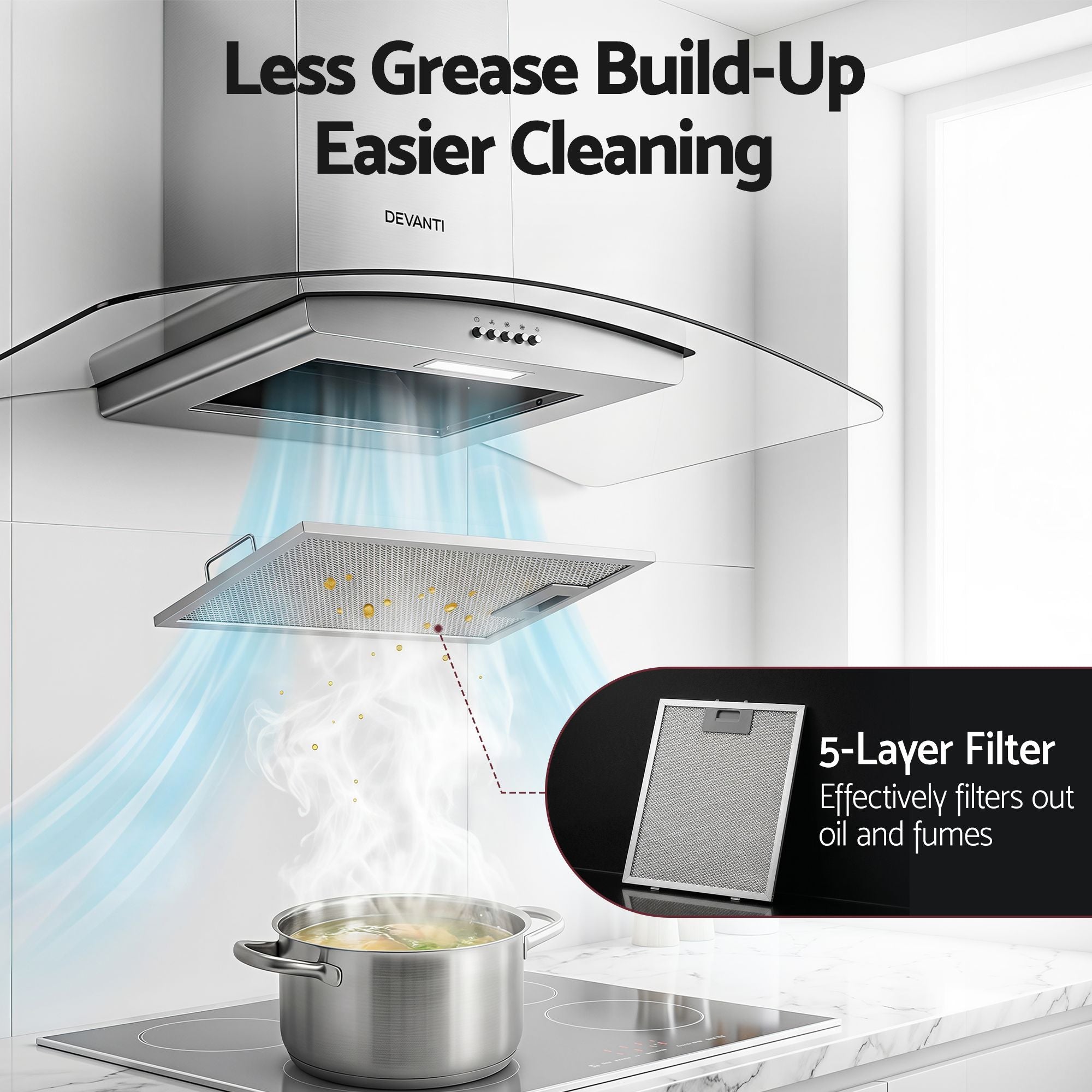 Devanti 90cm Range Hood Curved Glass Canopy Rangehood Kitchen Exhaust Fan