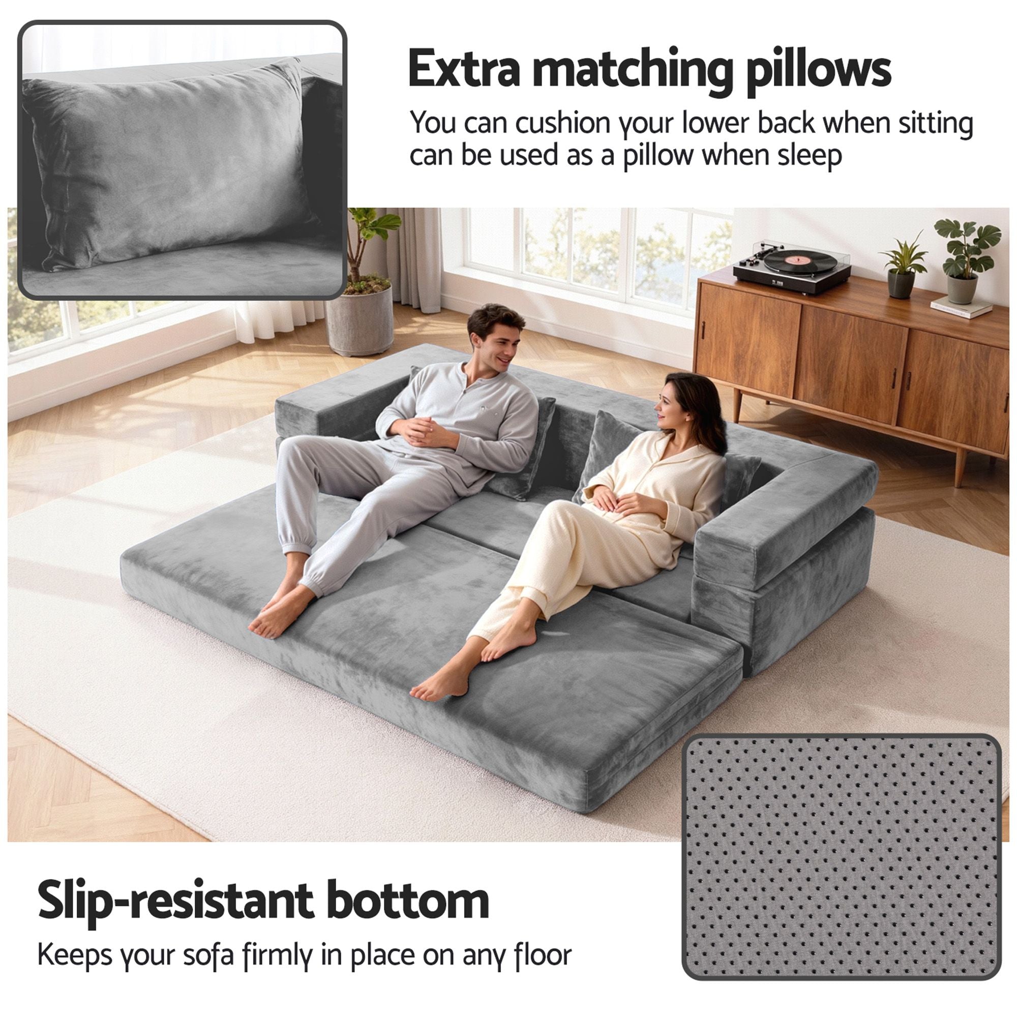 Artiss 3-in-1 Convertible Sofa Bed with Folding Mattress Velvet Foam Chair 300KG