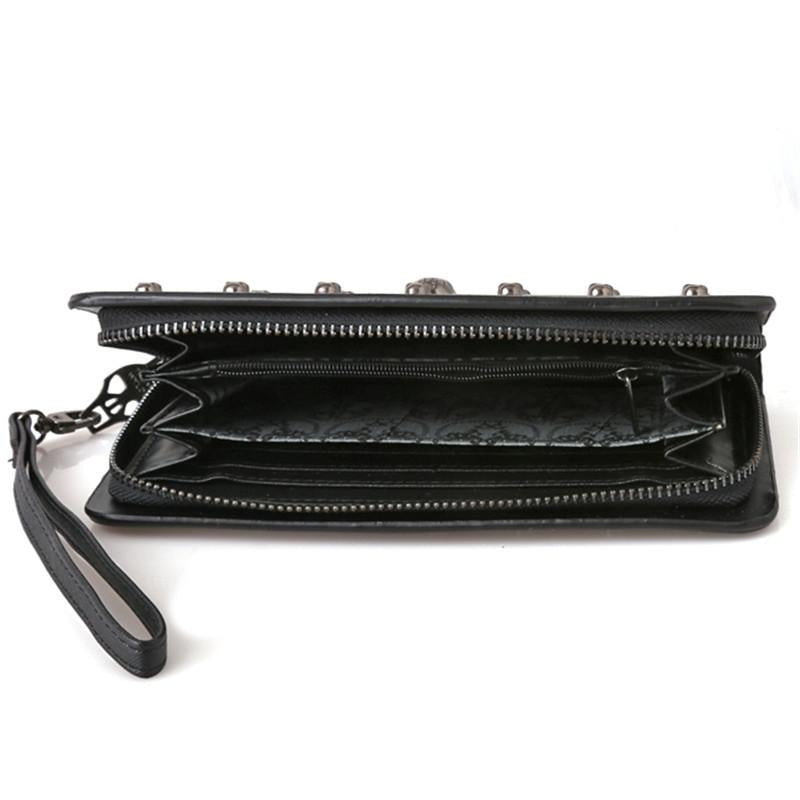Leather Wristlet Handbag With Metal Skull Design-1915198239058038789
