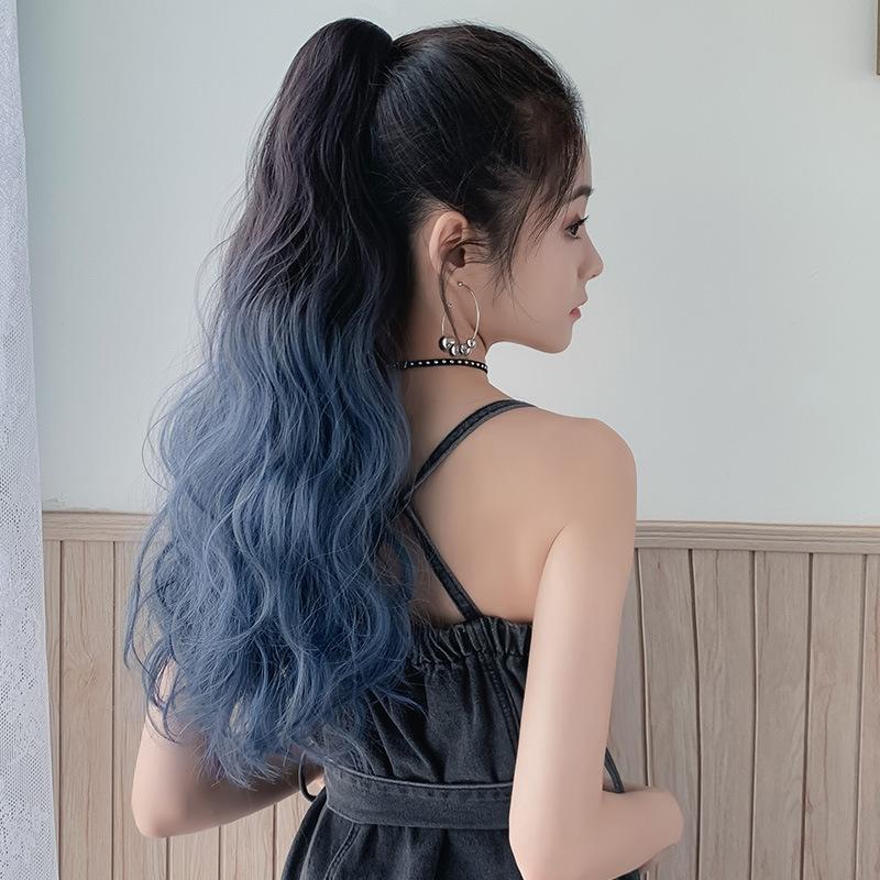 Blue Curly Gradient Ponytail Wig - Realistic Look-1915196933199237125
