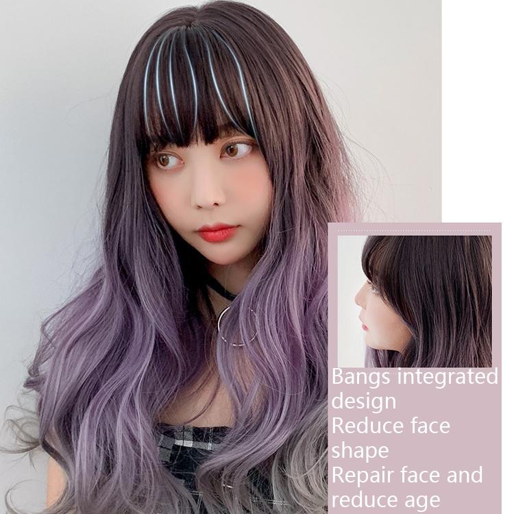 65Cm Big Wave Curly Wig With Full Bangs - Gradient-1915196942472843266