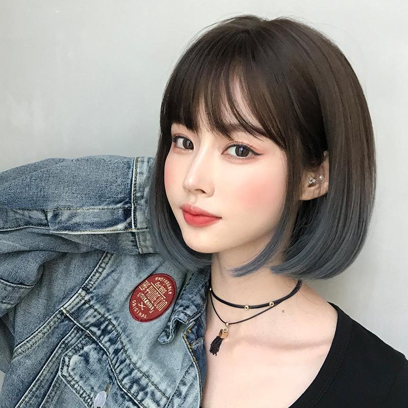 Natural Gradient Blue Short Bobo Student Wig-1915196906536046593