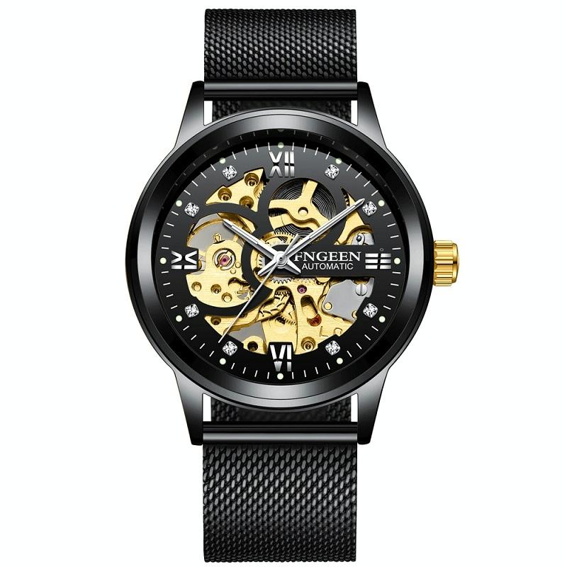 Waterproof Luminous Diamond Mechanical Watch With Double-Sided Hollow Design And Black Mesh Strap-1915196519347261448
