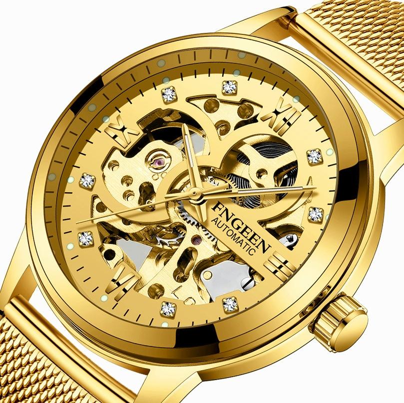 Waterproof Luminous Diamond Mechanical Watch With Double-Sided Hollow Design And Black Mesh Strap-1915196519347261442