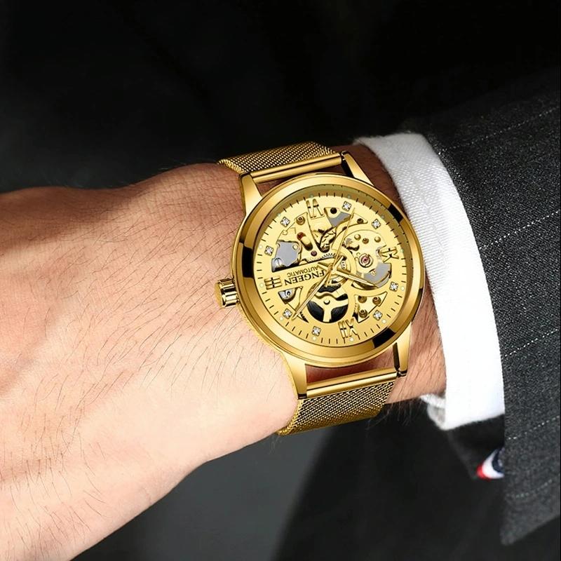 Waterproof Luminous Diamond Mechanical Watch With Double-Sided Hollow Design And Black Mesh Strap-1915196519347261447