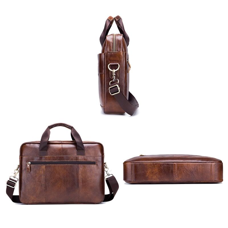 Men Leather Messenger Bag - 14 Inch Handheld Briefcase Brown-1915196966510399489
