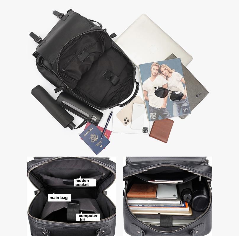 Men Black Cowhide Leather Backpack For Casual Business With Laptop Compartment-1915196968905347075