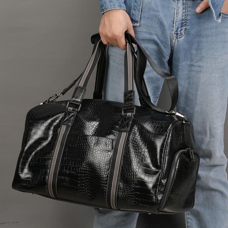 Multifunctional Leather Duffel Bag For Travel - Crocodile Print-1915196838328274947