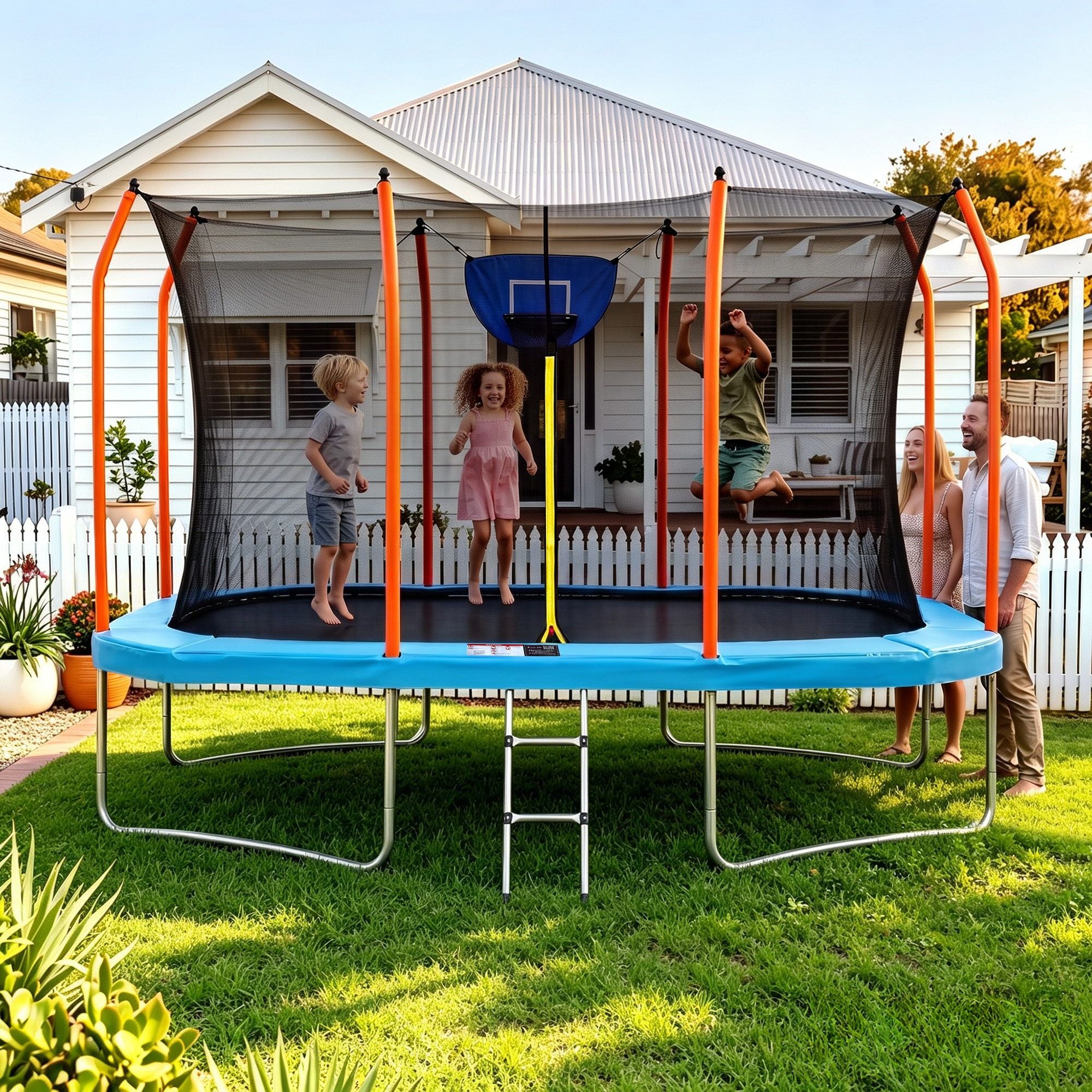 Everfit 12FT Kids Trampoline Rectangle Rebounder with Basketball Set Blue