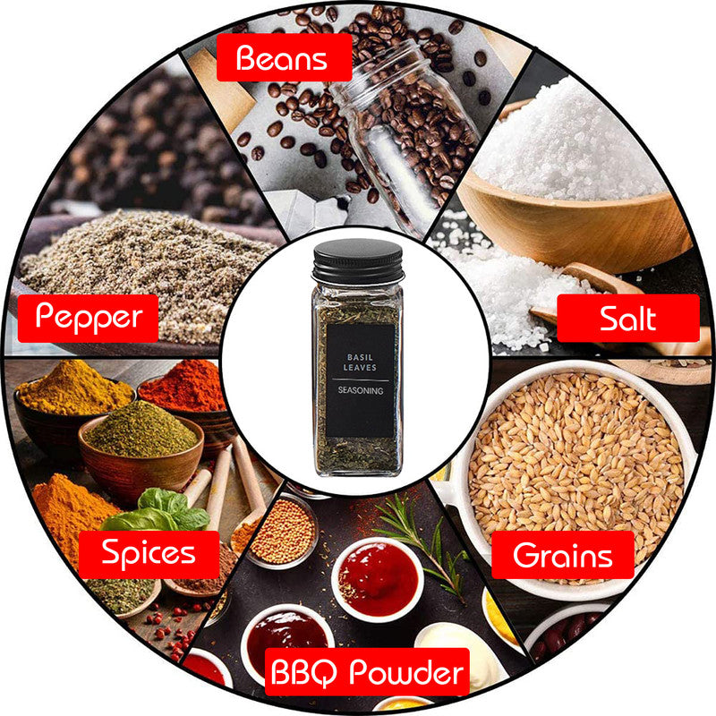 Hivvago 12 Pack Glass Spice Jar Set 120ml Airtight Square Jars with Shaker Lids Labels Funnel and Brush
