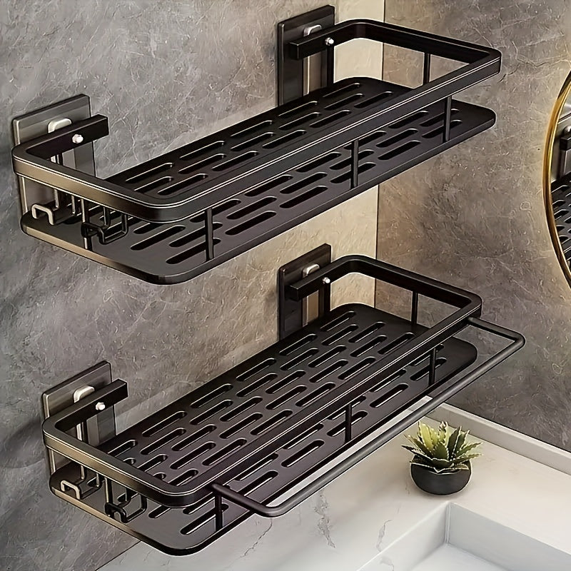 Black Wall-Mounted Storage Shelf - Heavy-Duty Plastic, No-Drill Adhesive Installation, Space-Saving Bathroom and Kitchen Organizer